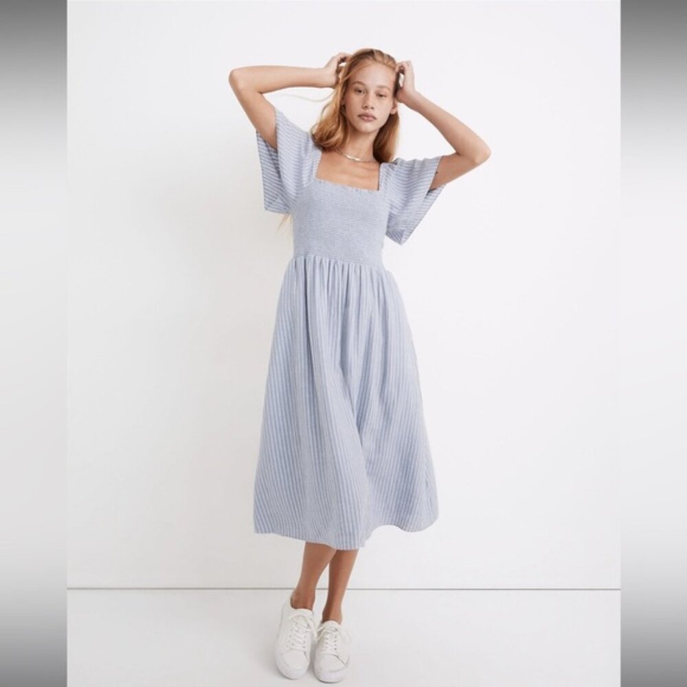 Madewell Linen-Blend Lucie Smocked Midi Dress in Stripe - Size Small